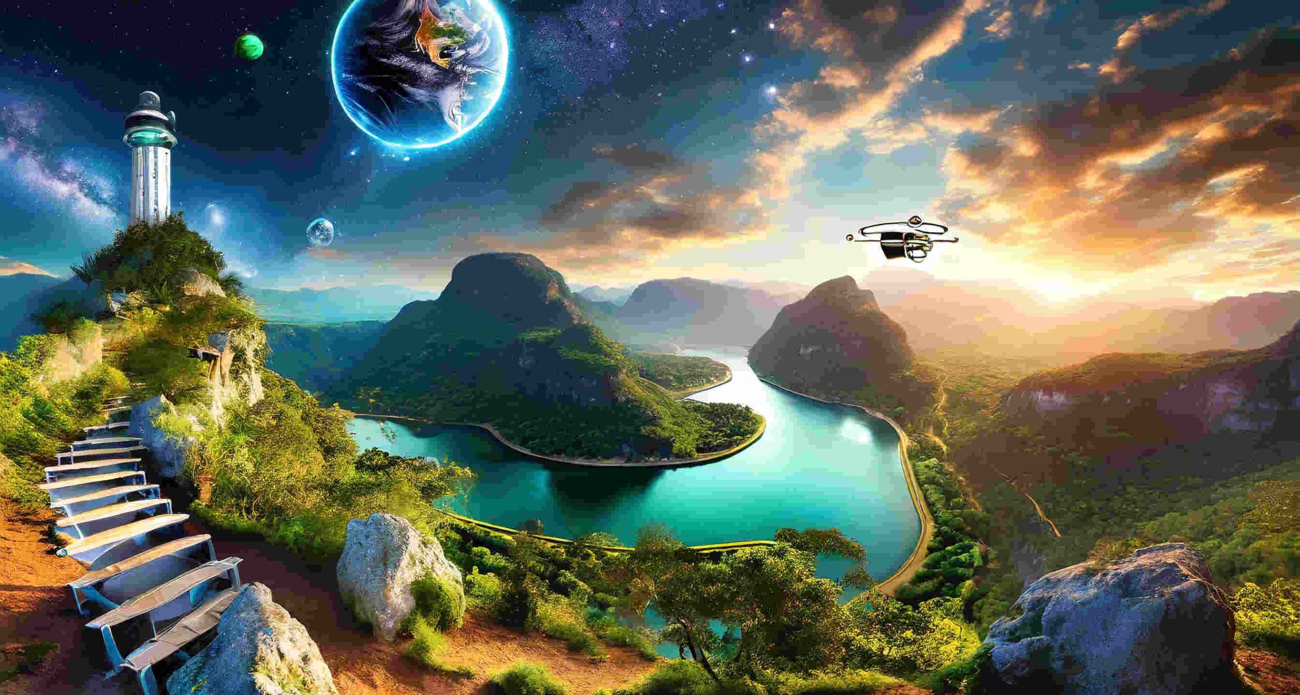 A captivating image symbolizing the future of travel 2024, featuring sustainable landscapes, virtual reality adventures, space tourism, smart travel tech, offbeat destinations, and wellness retreats. The blend of nature and innovation creates an exciting and harmonious visual narrative.
